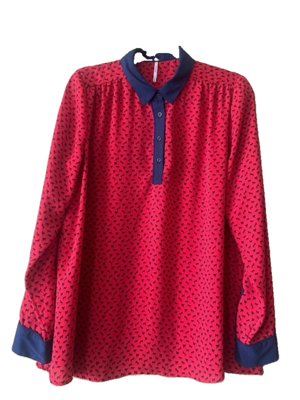 Free People Red & Navy Printed Collared Blouse Size Medium